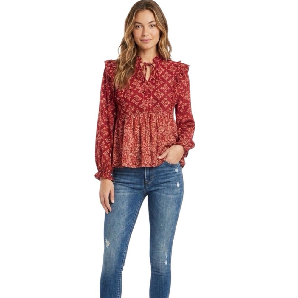Blue Rain Blouse Long Sleeve Ruffle Floral Boho Cottagecore Cottage Sz Small